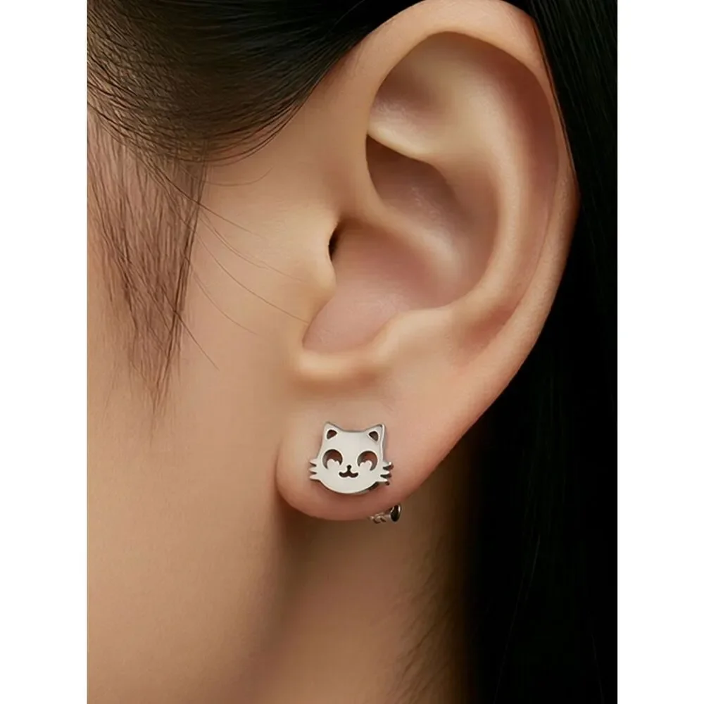 Cat Mouse Stud Earrings Mismatched Dainty Silver Stainless Steel Cute Playful